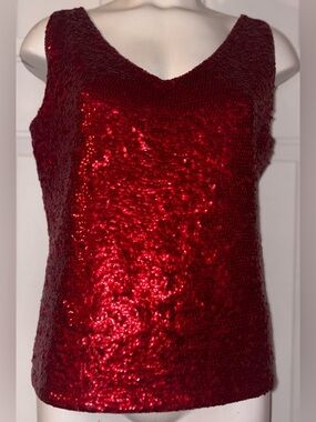 Dana Buchman Luxe Label Red Sequined V Neck Blouse size XL